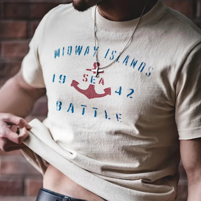 Maden Vintage Letter Print Cotton Short Sleeve T-Shirt Men's Summer Loose Fit Ribbed Crew Neck Tee Casual Street Tops for Daily.