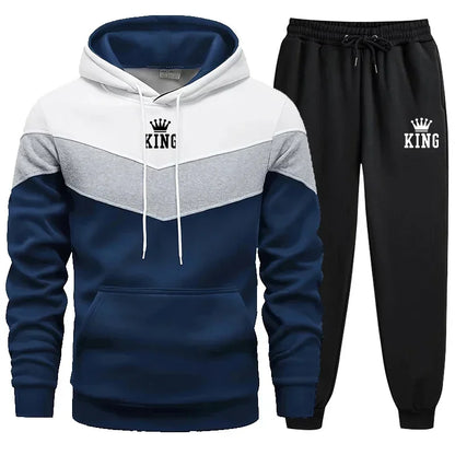Mens Tracksuit King Printing Sports Suit Sports Hoodie+Pants 2 Piece Suit Casual Sweatshirt Suit Jogging Men's Splicing Clothing.
