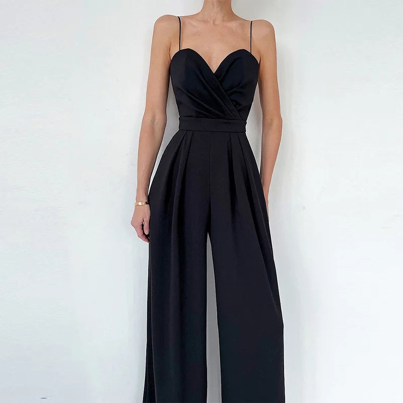 New Spaghetti Strap Slim High Waist Jumpsuits Fashion Ladies Solid Color Office Wide Leg Rompers Elegant Pleated Simple Playsuit.