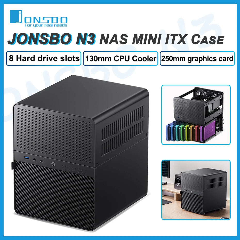 JONSBO N3 NAS Mini Case All-In-One Aluminum ITX Chassis 8 Hard Disk Location Support 130mm CPU Cooler 250mm Graphics Card.