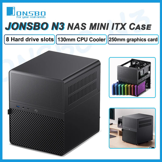 JONSBO N3 NAS Mini Case All-In-One Aluminum ITX Chassis 8 Hard Disk Location Support 130mm CPU Cooler 250mm Graphics Card.