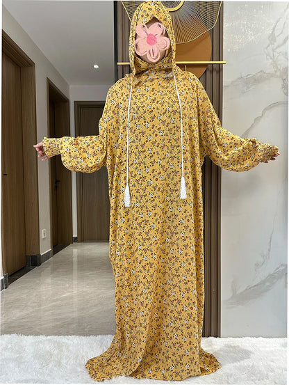 New Ramadan Muslim Two Hats Abaya Dubai Turkey Islam Prayer Clothes Floral Cotton Long Dress Islam Women Dress Kaftan.