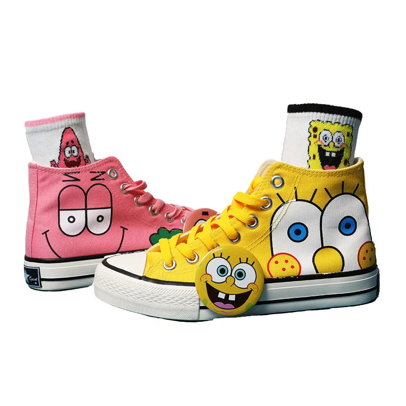 Summer new student Spongebob Squarepants High top canvas shoes cute girl cartoon street sneakers.