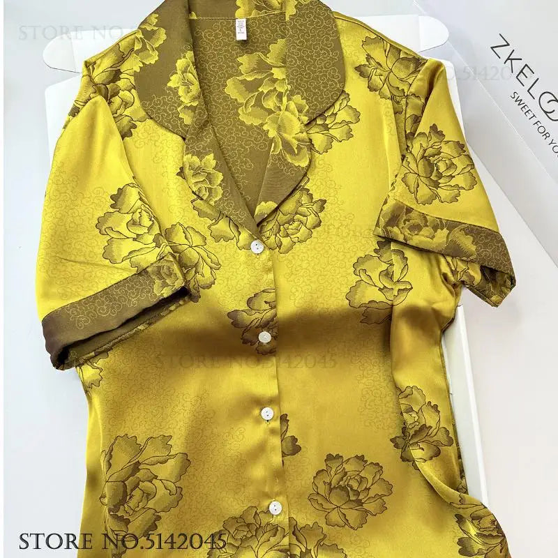 Chinese Style Print Flower 3PCS Pajamas Set Loungewear Summer New Women Sleepwear Short Sleeve Trouser Suit Silk Satin Homewear.
