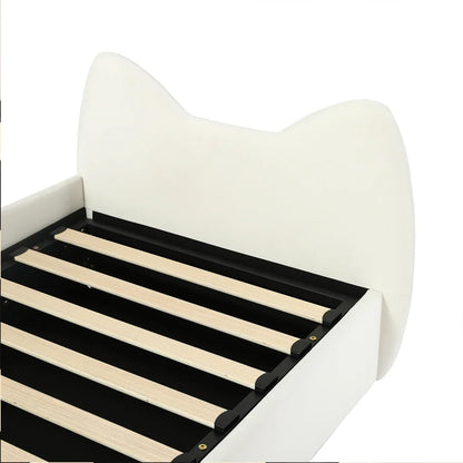 Polsterbett, Einzelbett, süßes Katzendesign, hydraulisches Bett mit Stauraum und Gürtelgriffen, stabiler Gitterrost, 90 x 200 cm