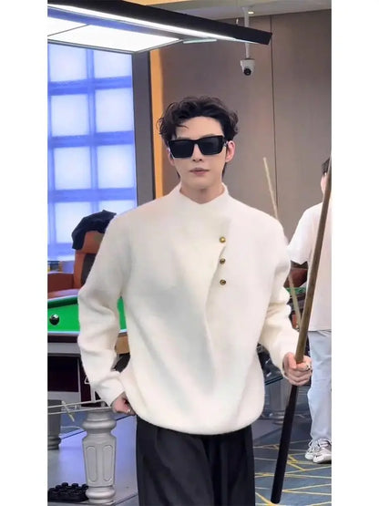 Irregular Button Turtleneck Sweater Men's Autumn and Winter Fashion Brand.