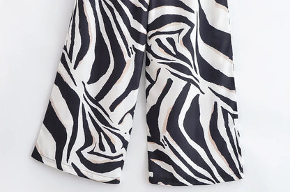 HH Women Pants Suit Fashion Zebra Stripes Single Breasted Sexy Sleeveless V-Neck Top+High Waist Zipper Casual Wide Leg Pants