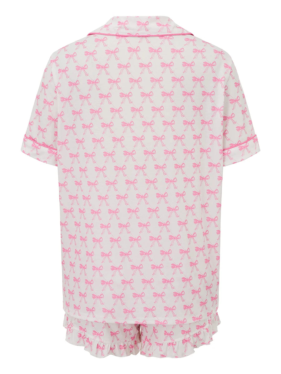 2-teiliges Lounge-Set für Damen, kurzärmelig, Revers, Schleife, Aufdruck, Knopfleiste, Tops, Shorts, Nachtwäsche-Sets.