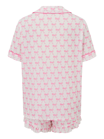 2-teiliges Lounge-Set für Damen, kurzärmelig, Revers, Schleife, Aufdruck, Knopfleiste, Tops, Shorts, Nachtwäsche-Sets.