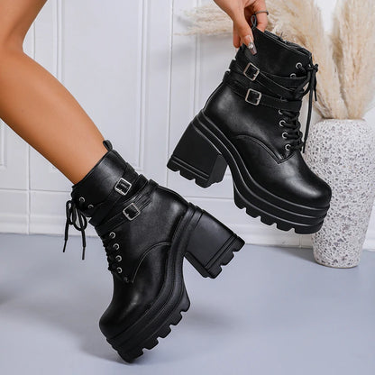 Fashion Buckle Cunky Platform Ankle Boots Women Lace Up Super High Heel Punk Boots Woman Pu Leather Thick Heels Motorcycle Botas.