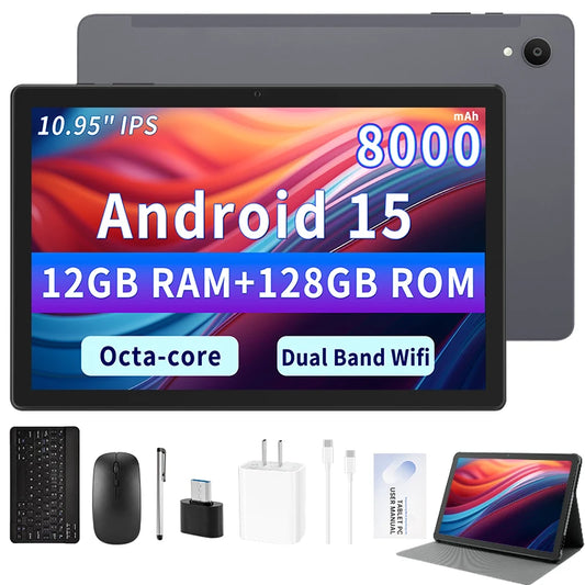 ANRY 10.95-inch HD Display Tablet Android 15 12GB RAM 128 ROM 2.4G/5G WiFi T606 Octa-Code 8000mAh Android Tablets with Case.