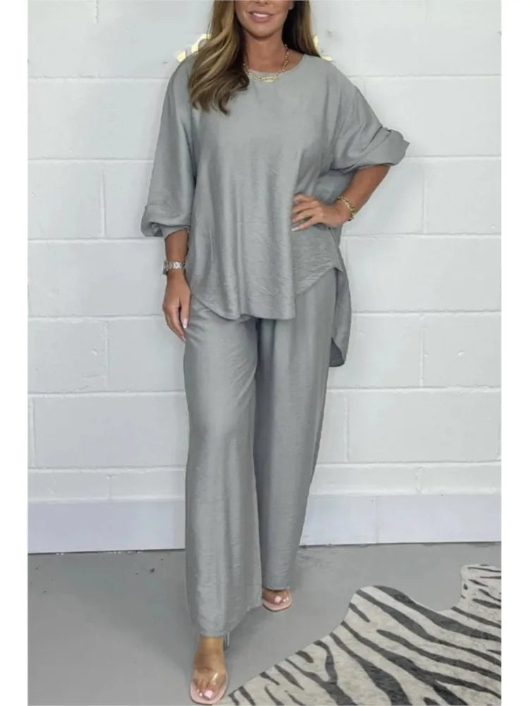 Women's Suit Casual Loose Solid Color Satin 2-piece Set Spring Fall New Blouse Top + Pants Sets Daily Wear Elegant Outfit Female.