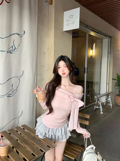 Morning Collar French Style One Shoulder Butterfly Knot Long Sleeve T-Shirt Women's Autumn Winter Slim Fit Inner Wear Top.