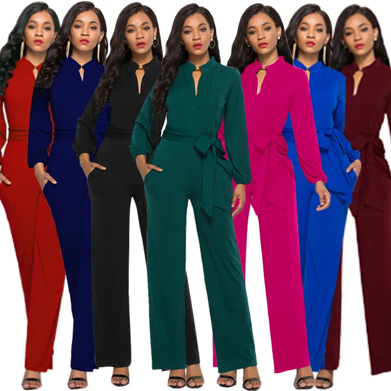 Temperament Solid Color Slim Jumpsuits Women Fashion Long Sleeve Buttons High Waist Leace-up Jumpsuit Ladies Commuting Clothing.