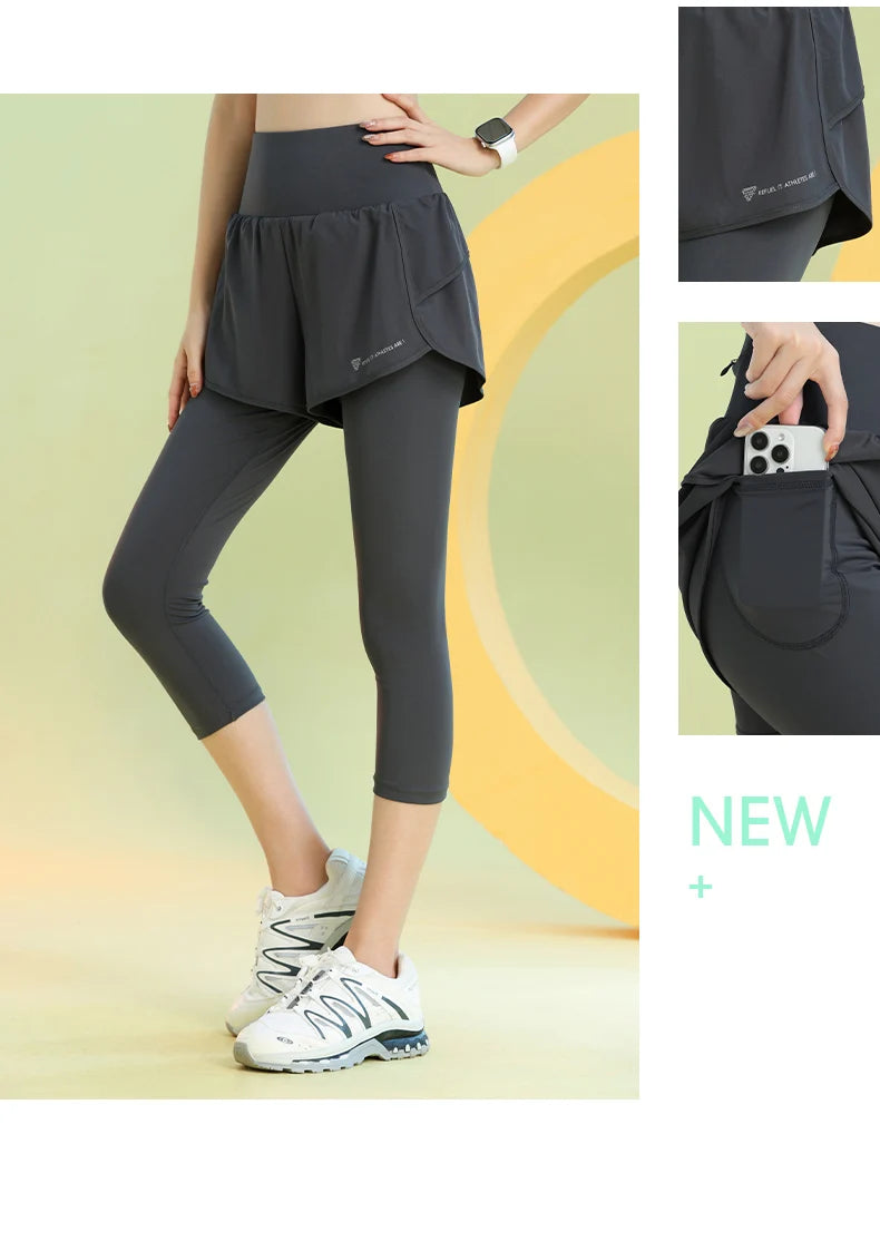 PHIGEER Women 2 in 1 Yoga Capri Pants Summer Lightweight Workout Tights With Pockets High Waist Running Gym Legging Activewears.