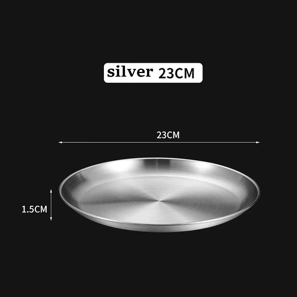 1Pcs Gold Stainless Steels Metal Round Plate Rust-Proof Shallow Tray Plate Camping Plate BBQ Picnic Dishes Cookware Tableware.