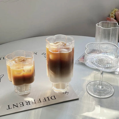 Clear Ice Cream Glass Whiskey Red Wine Glass Cup Flower Stripe Glass Mug Vintage Iced American Coffee Mug Home Stacked Cup.