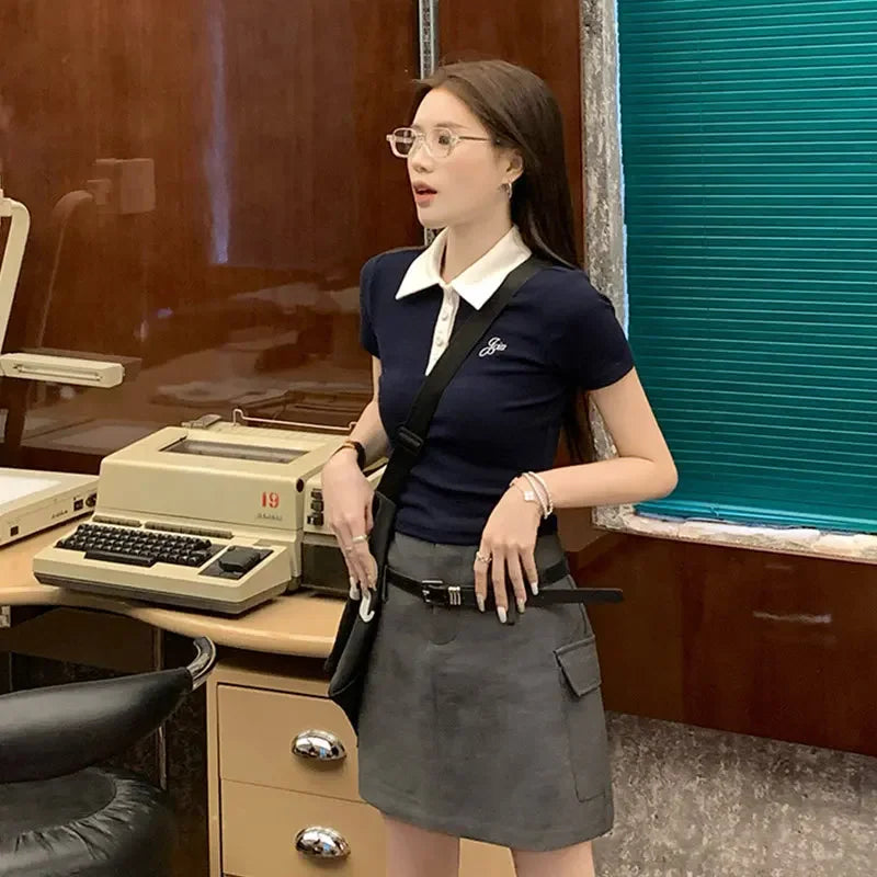 Slim Fit Short Sleeve Polo Neck T-Shirt Women's Sweet And Spicy Design Sensation Small Audience AE Stockpile Brand.