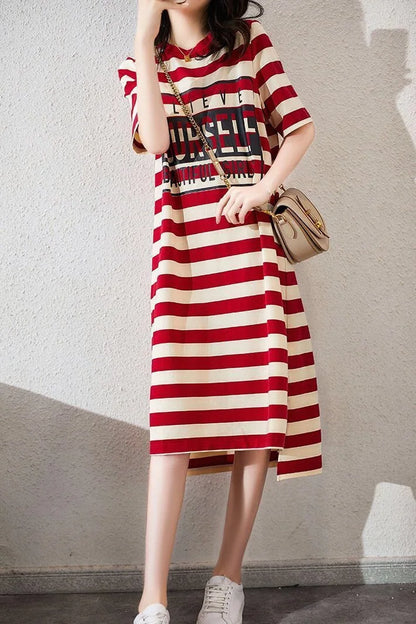 Gestreiften Print Kurzarm Midi Kleid Sommer Ästhetische Kleidung Koreanische Mode Casual Harajuku Kleider für Frauen 2023 Vestidos.