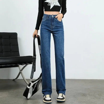 High Waist Elastic Denim Pants Straight Narrow Versatile High Waist Slimming Straight Tube Pants for Spring Autumn New Arrival.