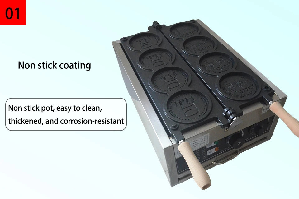 XEOLEO Commerical 4PCS Korean Coin Waffle Maker 3000W Non-stick Coating Gold Coin Bread Waffle Making Maker Electric/Gas.