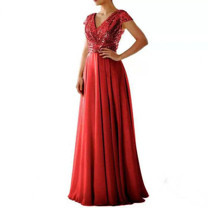 Elegantes Pailletten Chiffon Kleid für Frauen V-Ausschnitt Plissee Saum weibliche Pailletten Chiffon Abschluss ball Cocktail langes Kleid Hochzeit Abendkleid.