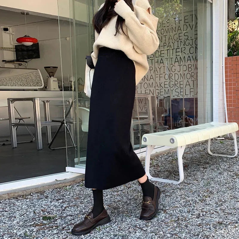 Temperament Black Slim Fit Long Skirt Women High Waist Knitted Straight One-Step Skirt Korean Fashion Office Lady Pencil Skirts.