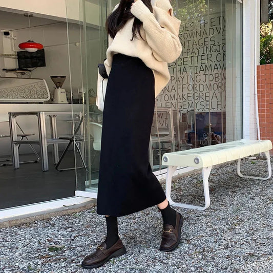 Temperament Black Slim Fit Long Skirt Women High Waist Knitted Straight One-Step Skirt Korean Fashion Office Lady Pencil Skirts.