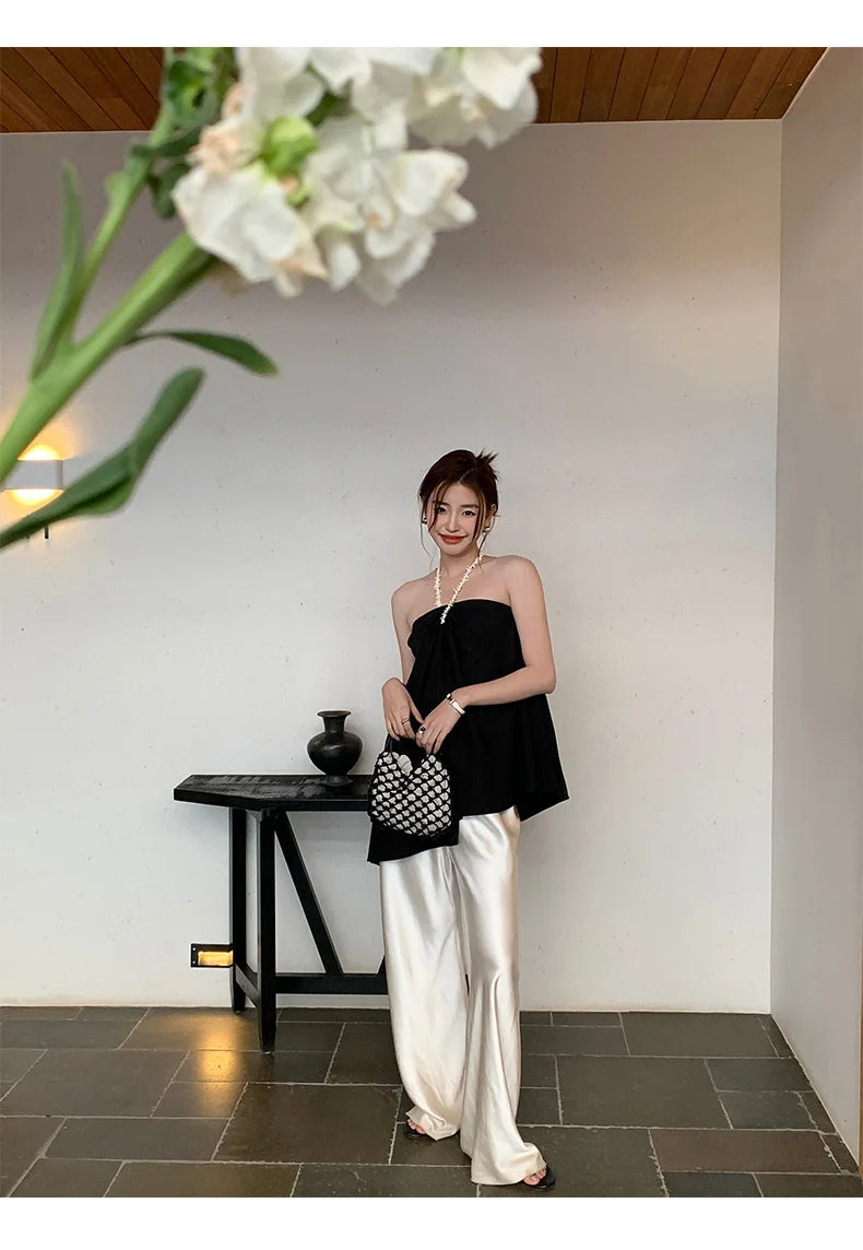 Satin Wide Leg Pants Long Floor Casual Pants Women's Summer.