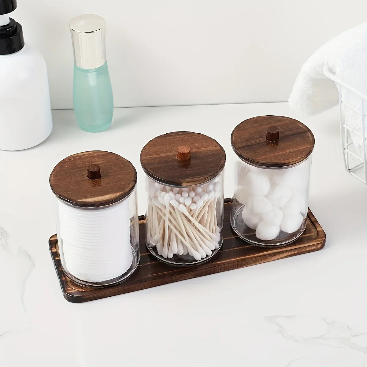 Transparent Acrylic round Wood Lid Cotton Swab Box Plastic Small Organizer Box Makeup Remover Cotton Storage Box Set.