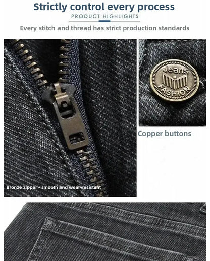 Loose Casual Jeans for Men Mid-aged Thick Winter Long Pants Business Style Straight Leg Spring Autumn Korean Version.