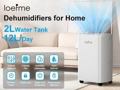 Electric 12L/Day Compressor Dehumidifier Air Purifier with Humidistat 24H Timer LCD Display Portable with Wheels for Home Damp.
