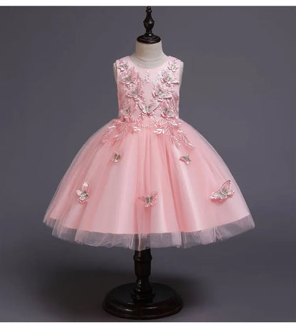 Elegantes Kleid für Mädchen, Abend, Hochzeit, Schmetterlingsapplikationen, Netzstoff, Prinzessinnenkleid für Kinder, Geburtstagsfeier, Abschlussball, Performance-Kleid.