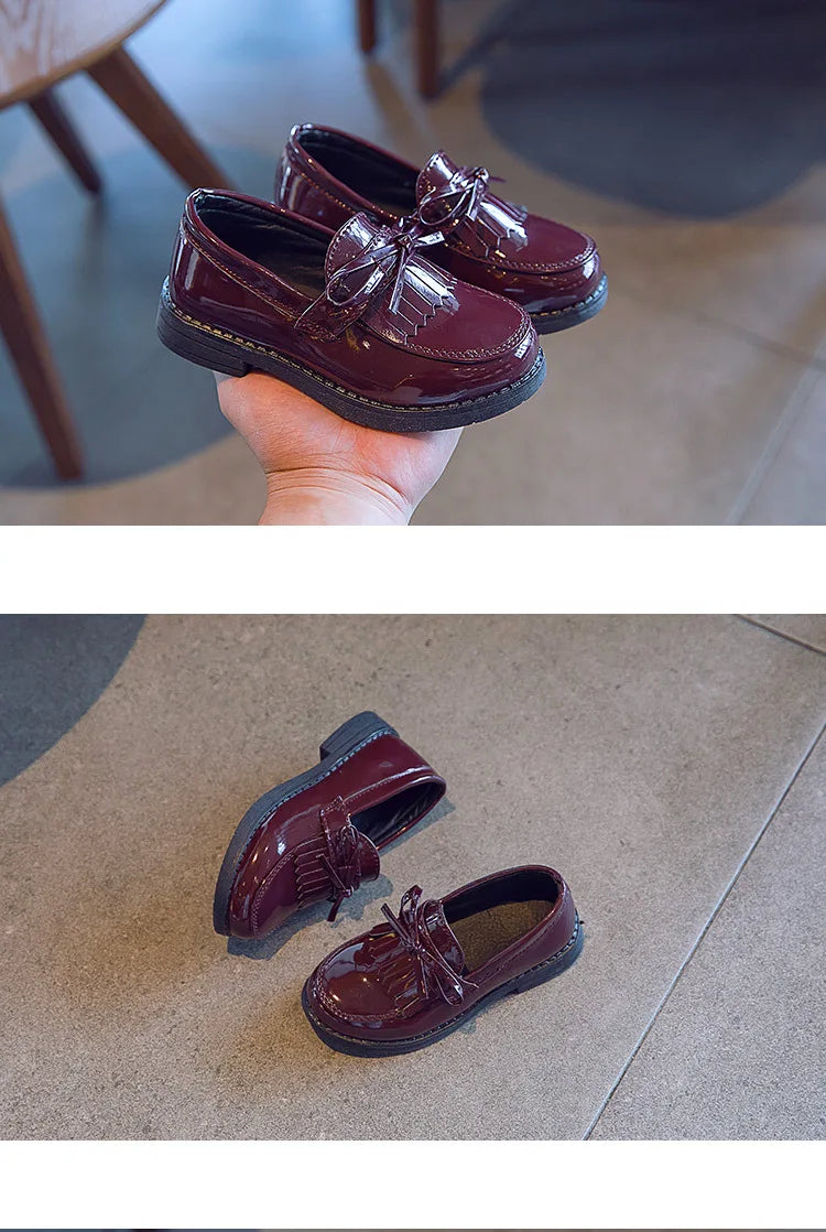 Girls Casual Leather Shoes Kids Flats Tassels with Bow-knot British Style Soft Slip-on Loafers for Wedding Party Bright Skin New.