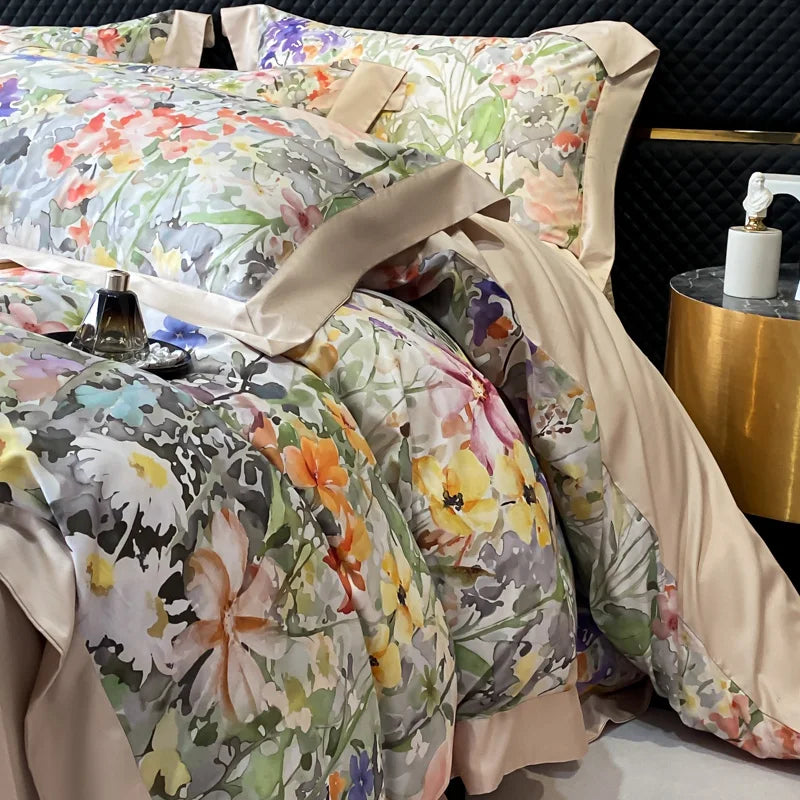 Floral Print 600TC Egyptian Cotton Bedding Queen King Comforter Cover Soft Duvet Cover Set Flat/Fitted Bed Sheet Pillowcases.
