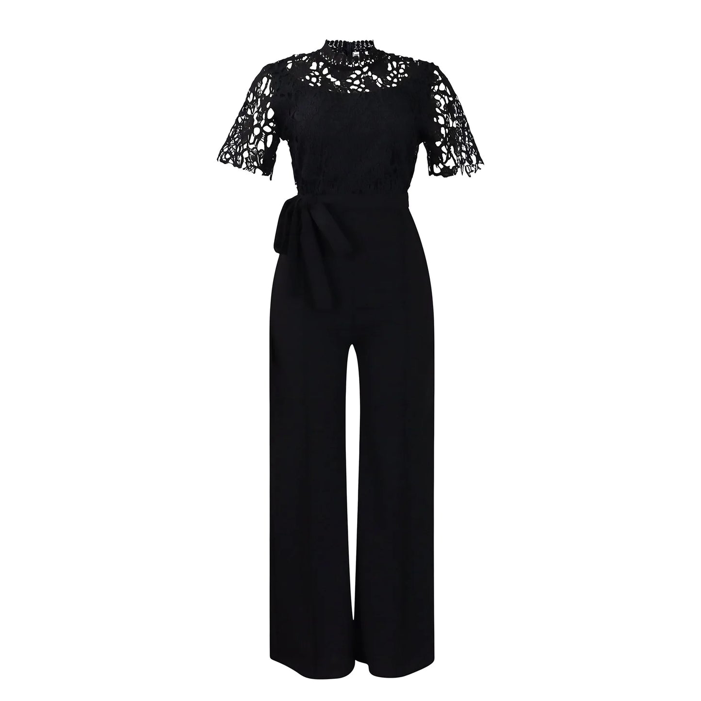 Elegant Jumpsuits & Rompers for Women O Neck Lace Patchwork Short Sleeve Sashes High Waisted Luxury Birthday Party Dinner Outfit