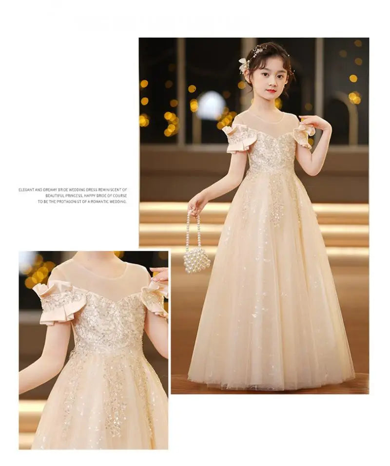 Neue Jugend Mädchen Prinzessin Mesh Kleid Hochzeit Blumen mädchen Kleid Schul wettbewerb Klavier lange Leistung Kleid für 3-12 Jahre.