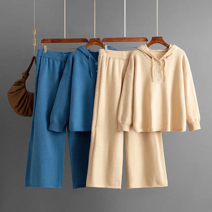 Autumn Winter 2025 New Fashion Women's Solid Color Casual Trendy Loose Knitted 2 Piece Sets Hooded Sweatshirts Wide Leg Trousers.