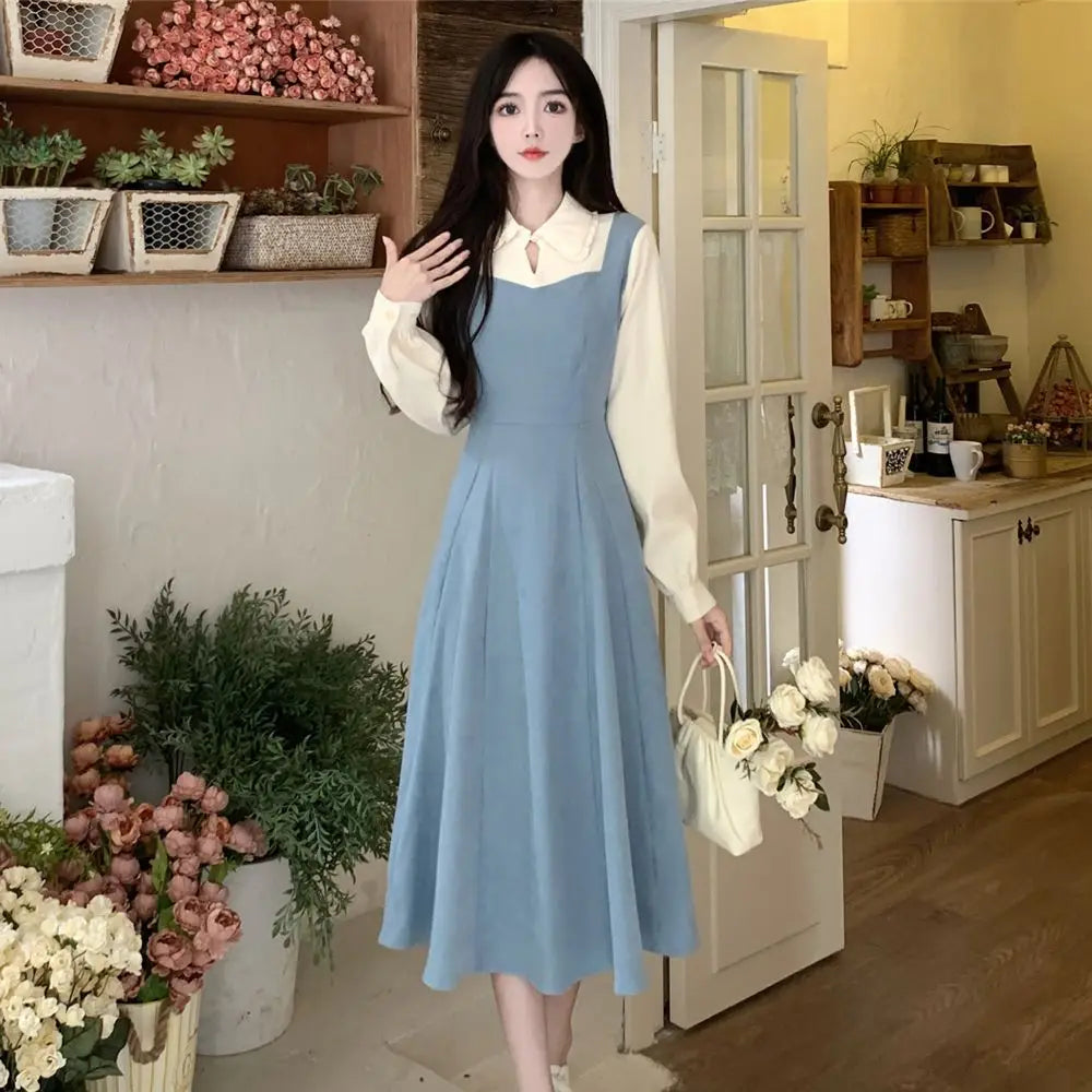 Solide Patchwork Vierkant hals Langarm gefälschte zweiteilige Kleider elegante Mode Harajuku weibliche Kleidung lässig alle Match Rock