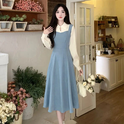 Solide Patchwork Vierkant hals Langarm gefälschte zweiteilige Kleider elegante Mode Harajuku weibliche Kleidung lässig alle Match Rock