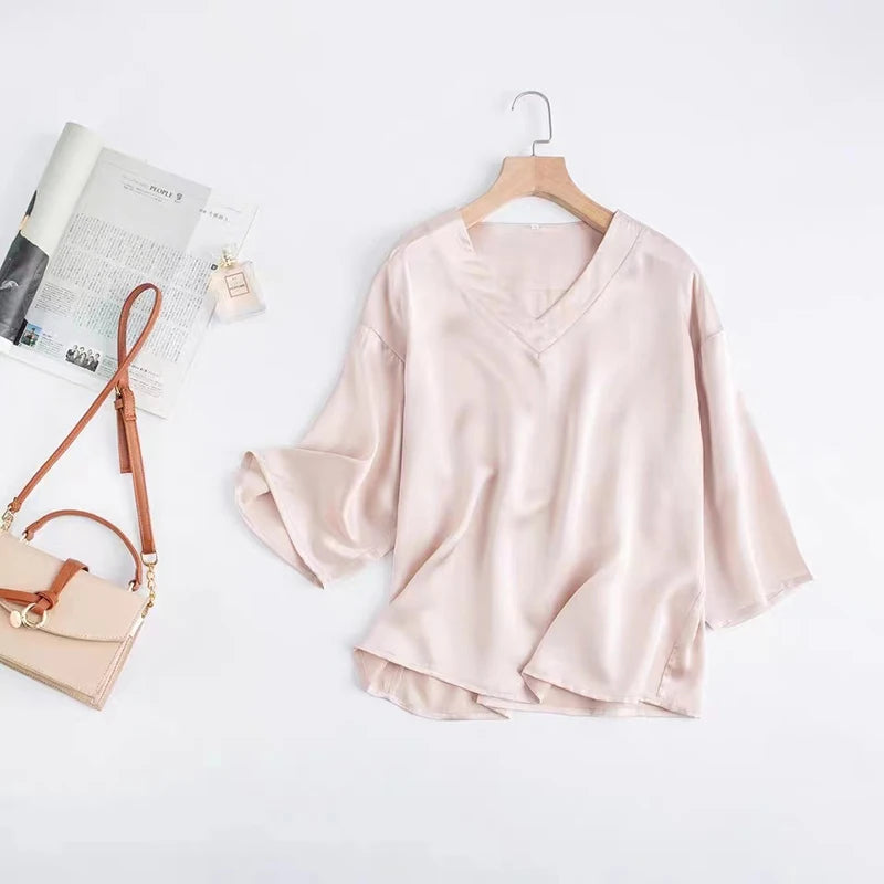 Women 100% Pure Mulberry Silk Charmeuse Silk V Neck Pajama Set Casual Loose Sleepwear Nightwear L XL SQ001.