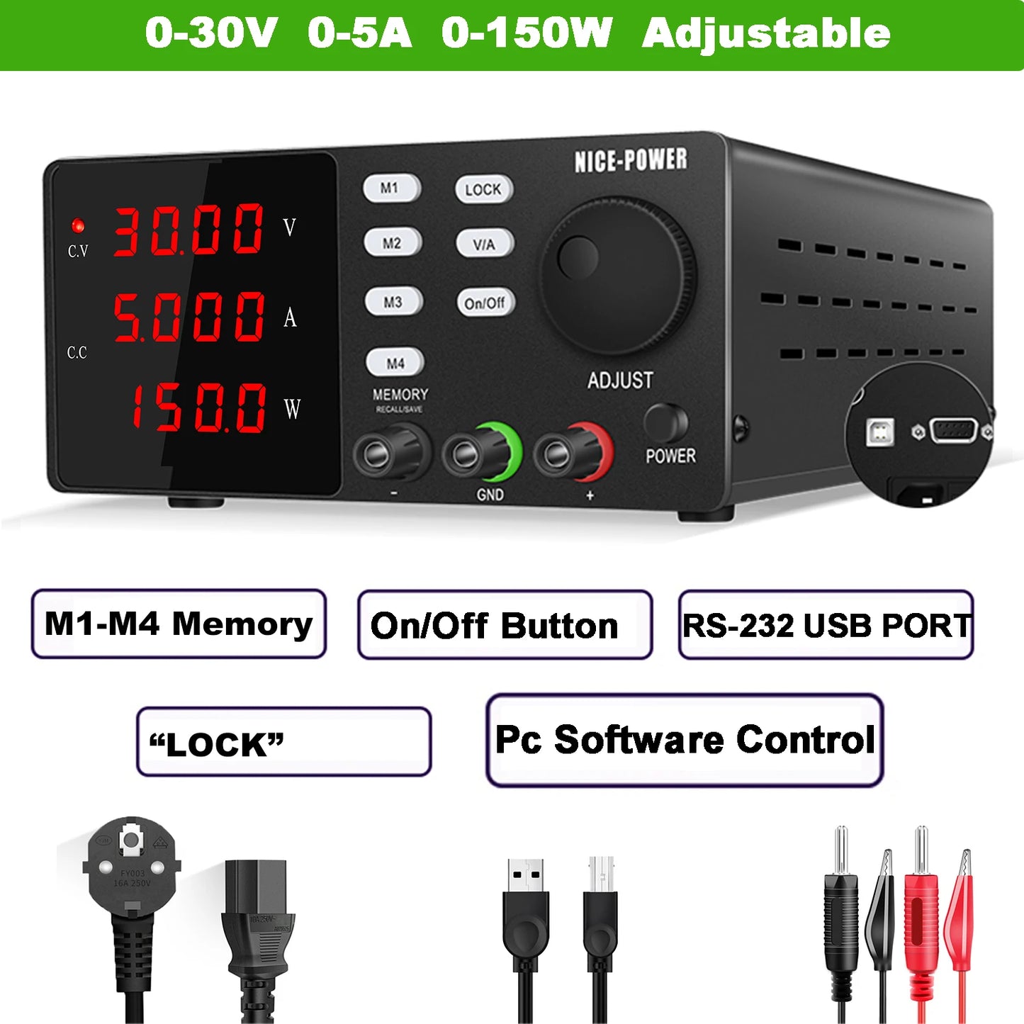 NICE-POWER DC Lab Power Supply 30V 10A 5A Adjustable Power Source For Phone Repairing RS232 USB PC Software Control Data Memory.