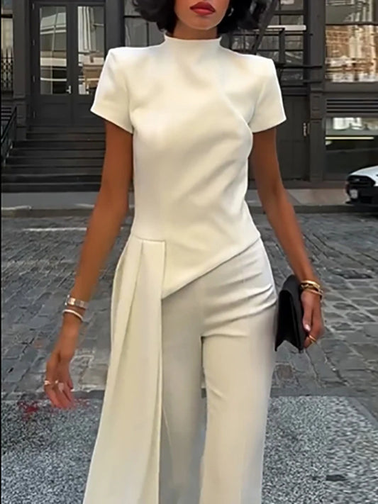 Simple Solid High Waist Straight Suit Office Elegant Party Outfit Women's Stand Collar Short Sleeved Top and Pants Two Piece Set.
