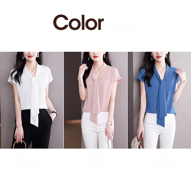 Bow Tie Blouse Shirt for Women OL Elegant Blouses Satin Womens Tops Silk Female Clothing 2023 Korean Fashion Short Sleeve Blouse.