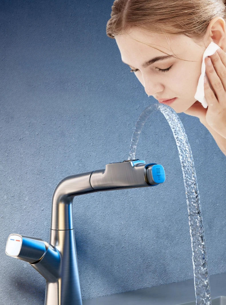 Hot and cold faucet bathroom sink vanity with pull-out function that can be raised and lowered 360º rotating mixing spray faucet