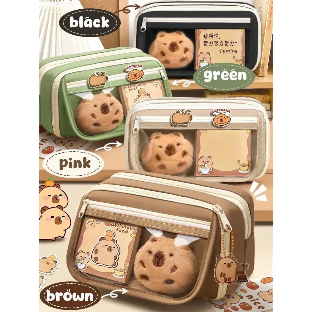 Große Kapazität Bleistift Tasche Capybara Cartoon Leinwand Schreibwaren Halter Tasche Mit Broschen Aufkleber Clips Schlüsselanhänger Kinder Stift Fall.