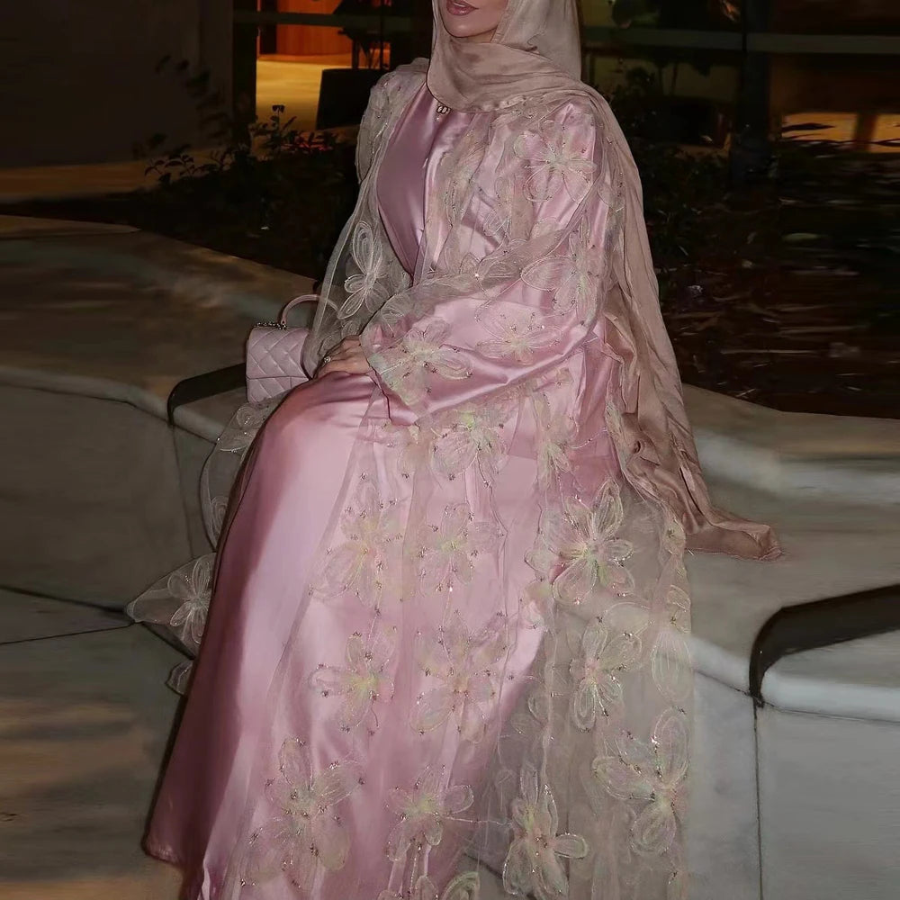 Eid Pink Embroidery Abayas for Women Muslim Dress Dubai Open Abaya Turkey Kaftan Kebaya Kimono Cardigan Islam Clothing Jalabiya.