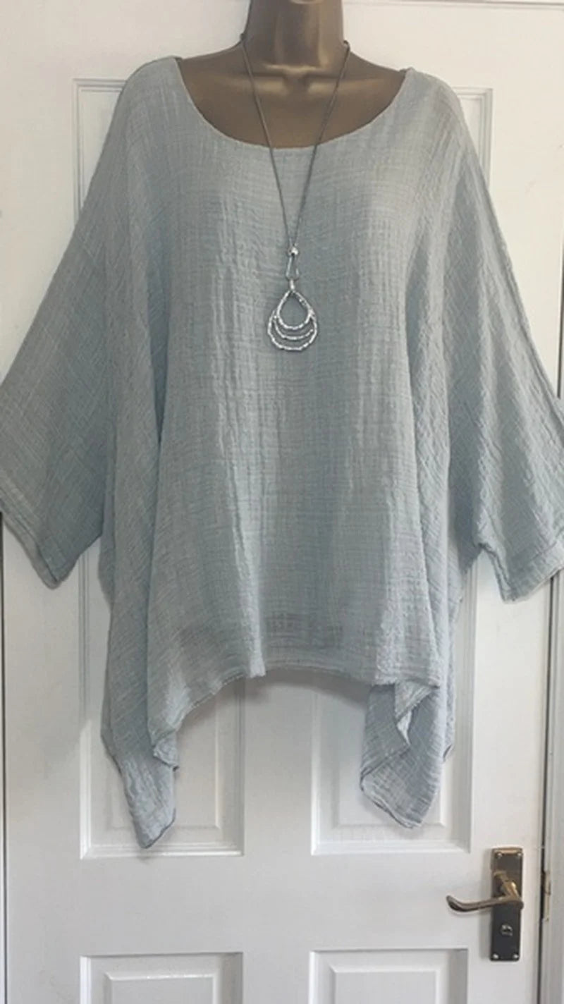 Autumn Fashion Batwing Sleeve Solid Color Loose O-neck 3/4 Sleeve Casual Blouse Top for Women.