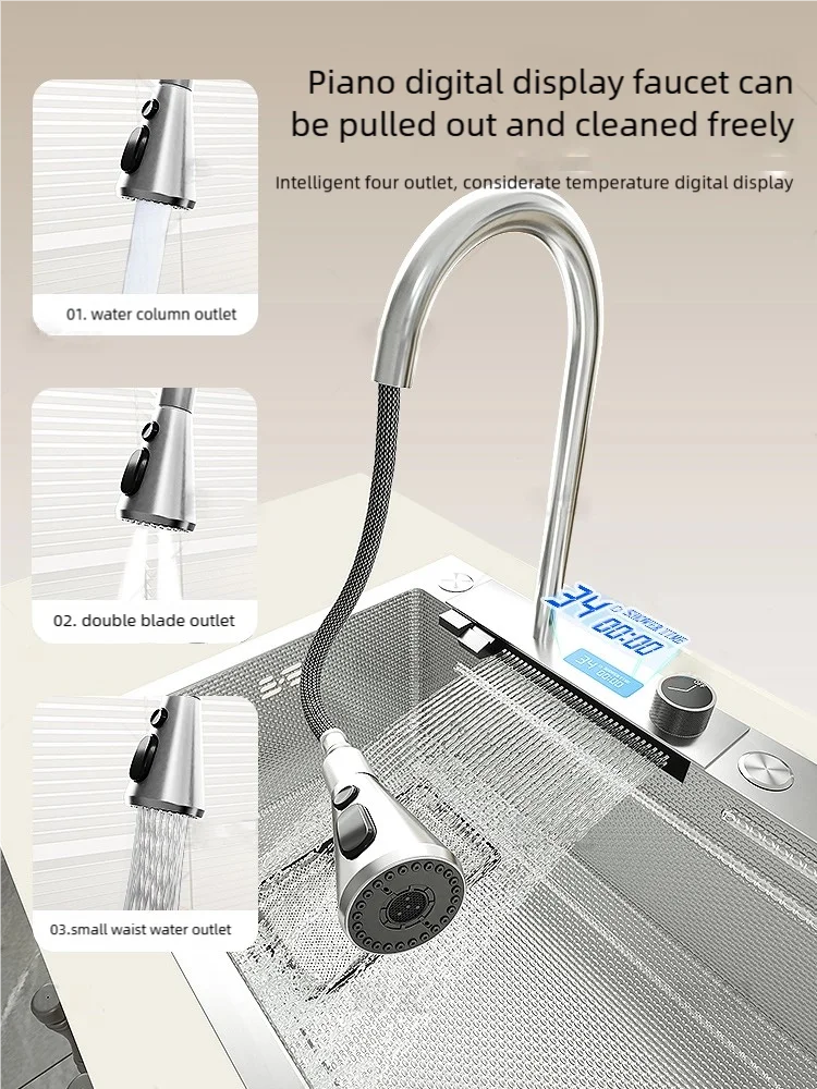 Kitchen Sink Stainless Steel Waterfall Wash Dish Vegetables Basin Multifunctional Smart Digital Display Screen Large Single Slot