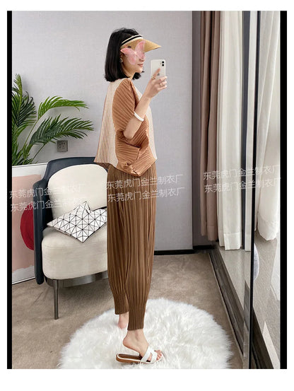 Miyake Life Pleated Pants Loose Harem Pants Women's Summer Thin Fashion Versatile Nine-minute Calf Pants.